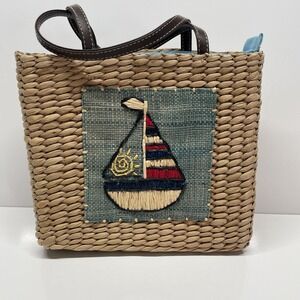 Sun and Sand Sailboat Woven‎ Purse Handbag Tote Wicker Beach Zip Close Fun! Read